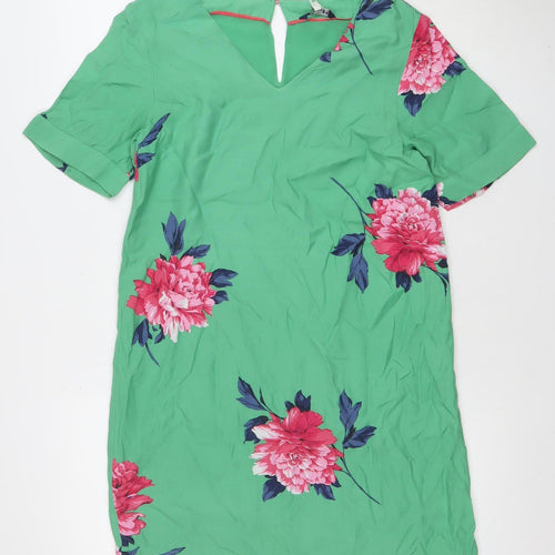 Joules Women Green Floral Shift Dress Size 8 Short Sleeve V-Neck