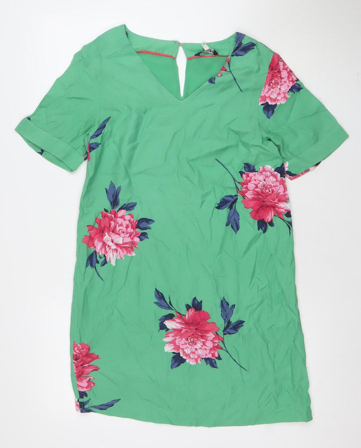 Joules Women Green Floral Shift Dress Size 8 Short Sleeve V-Neck