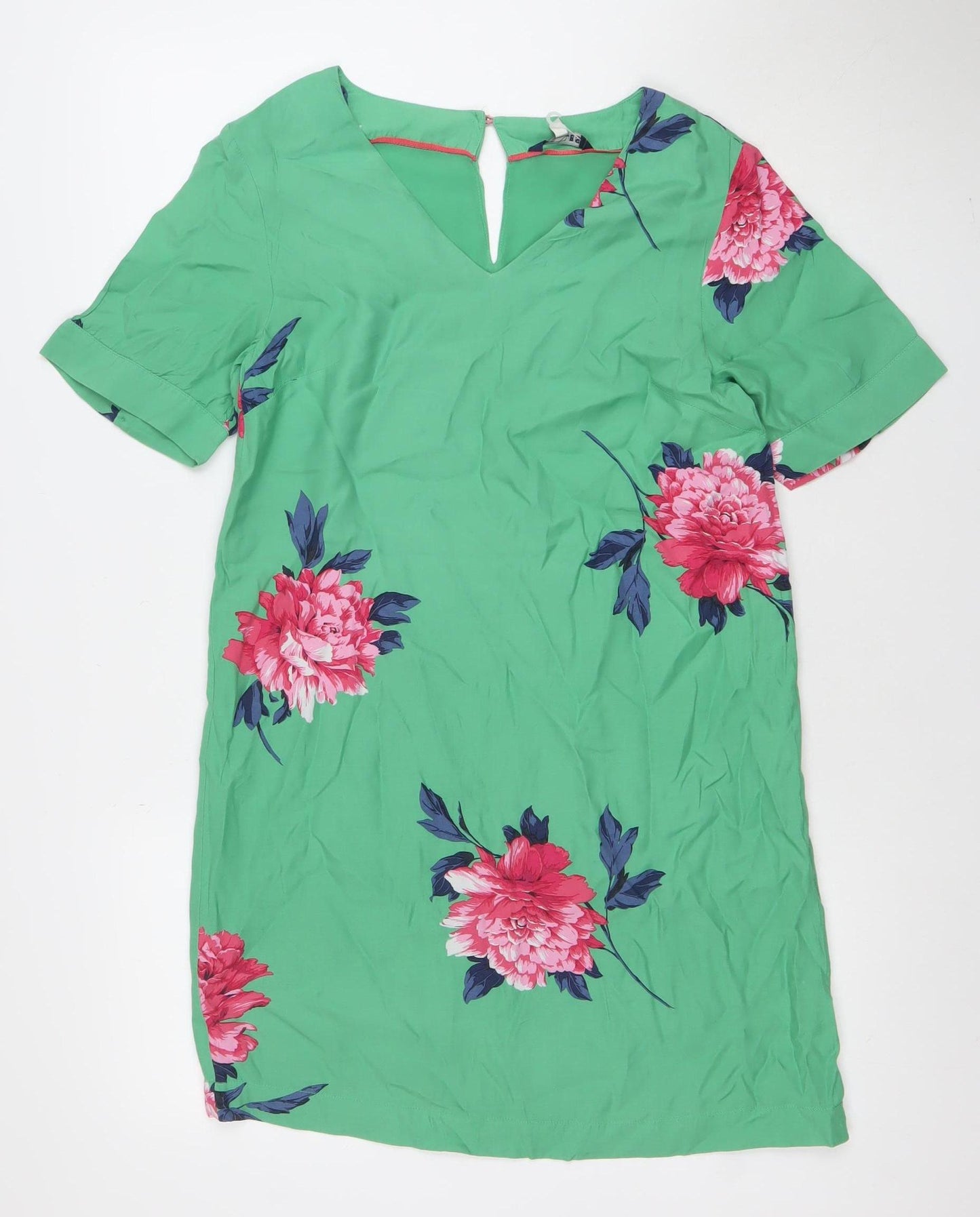 Joules Women Green Floral Shift Dress Size 8 Short Sleeve V-Neck