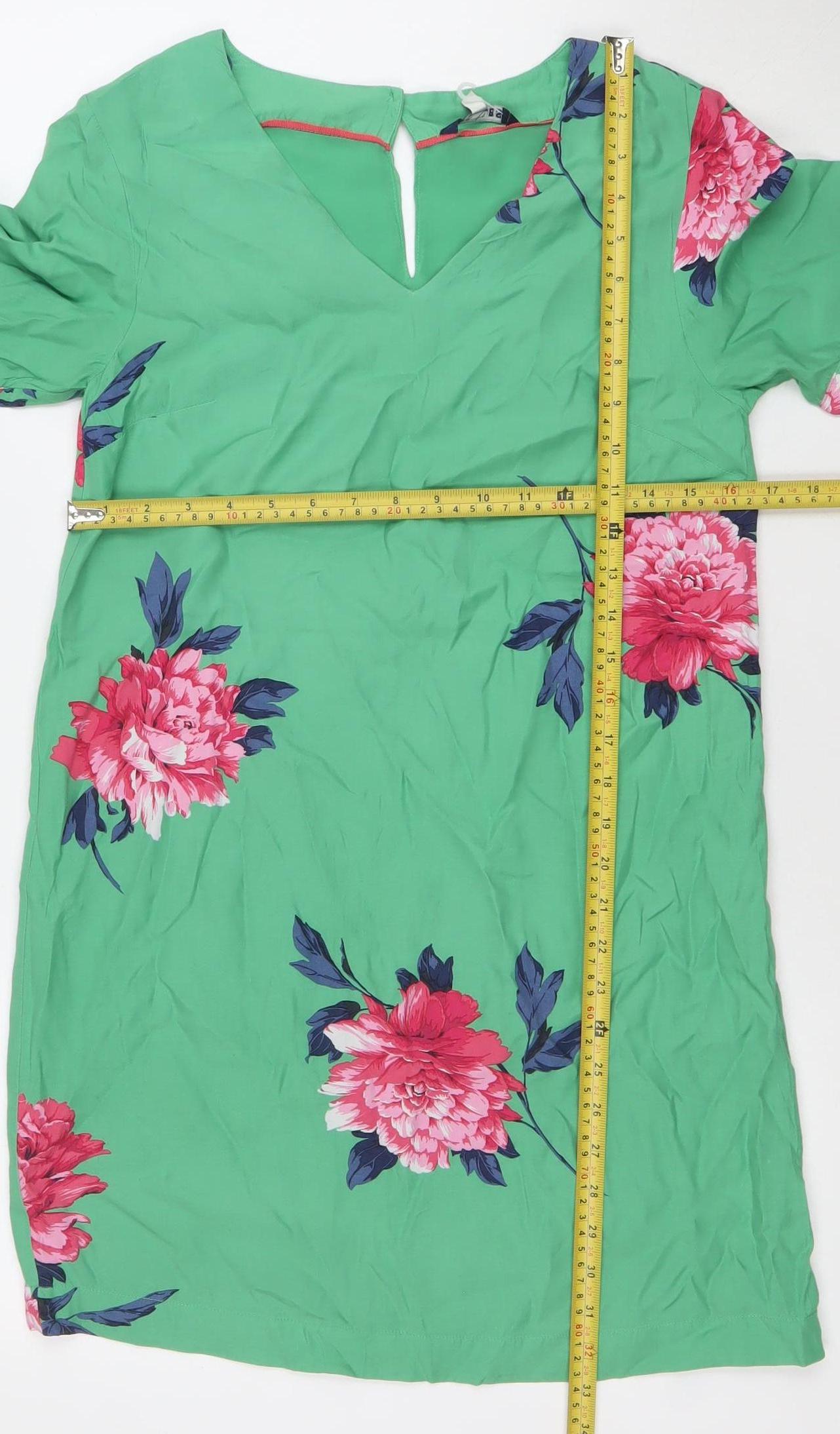 Joules Women Green Floral Shift Dress Size 8 Short Sleeve V-Neck