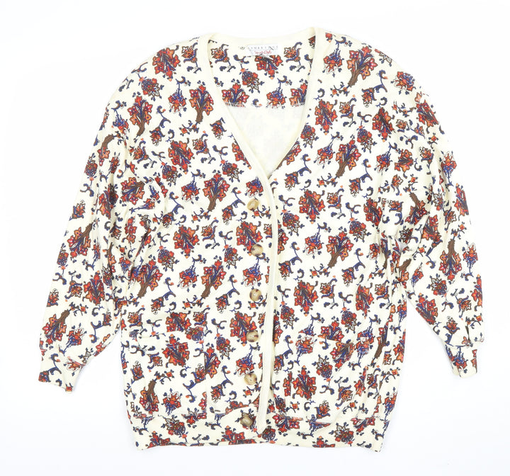Cambridge Sportsclub Women's Ivory Floral Cotton V-Neck Cardigan M
