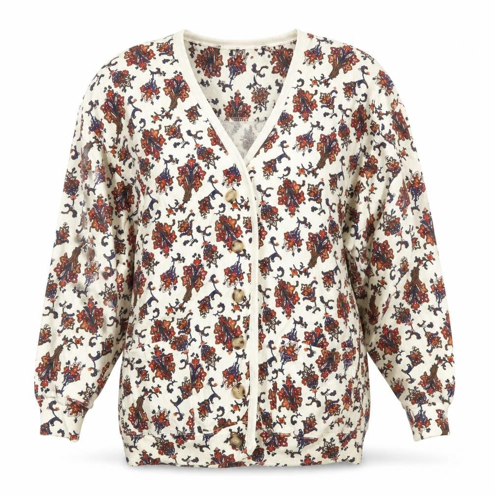 Cambridge Sportsclub Women's Ivory Floral Cotton V-Neck Cardigan M