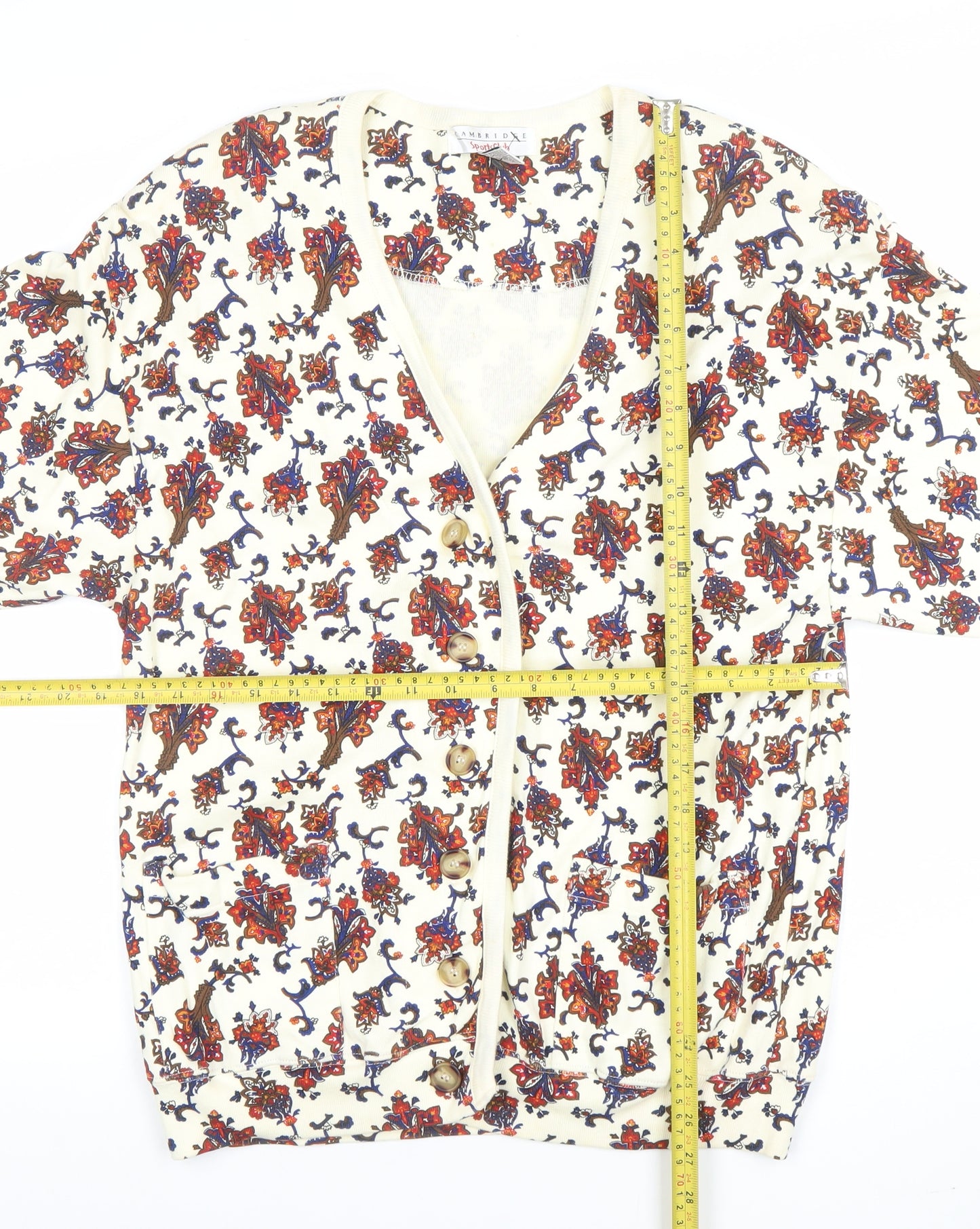 Cambridge Sportsclub Women's Ivory Floral Cotton V-Neck Cardigan M