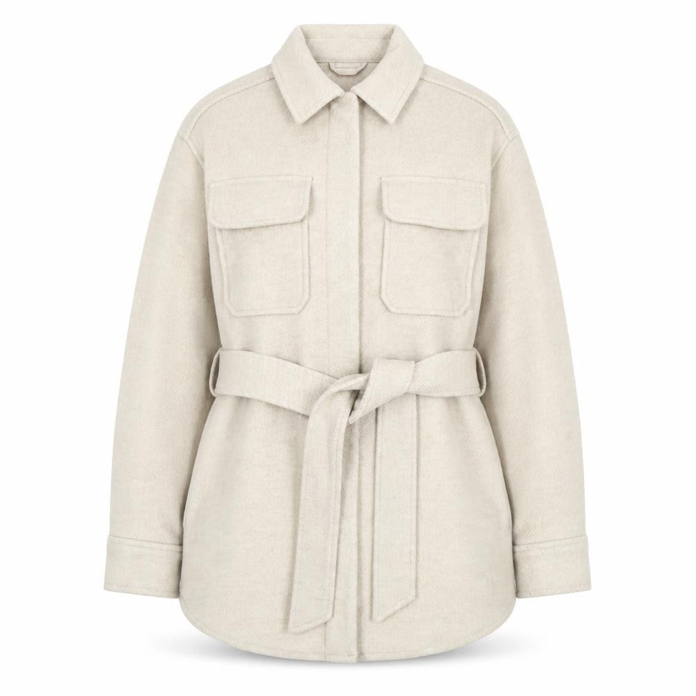 Front view of Marks & Spencer women’s beige belted twill jacket, size UK 8