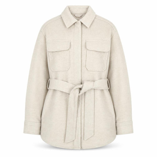 Front view of Marks & Spencer women’s beige belted twill jacket, size UK 8