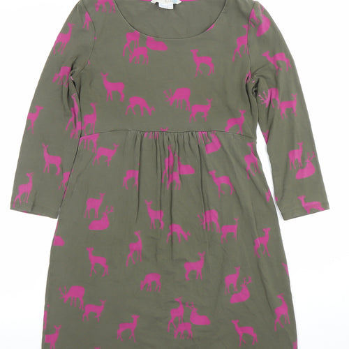 Boden Women Green Pink Deer Print Fit & Flare Jersey Dress Size 10