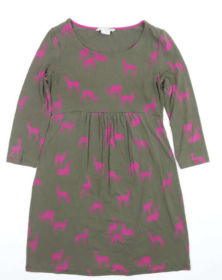 Boden Women Green Pink Deer Print Fit & Flare Jersey Dress Size 10