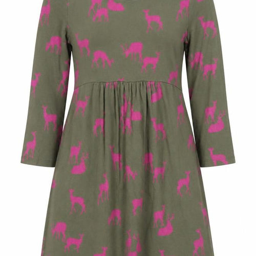 Boden Women Green Pink Deer Print Fit & Flare Jersey Dress Size 10