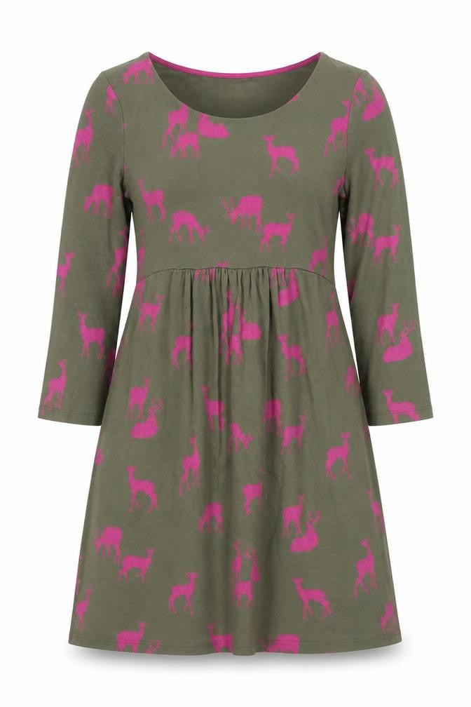 Boden Women Green Pink Deer Print Fit & Flare Jersey Dress Size 10