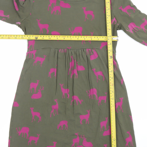 Boden Women Green Pink Deer Print Fit & Flare Jersey Dress Size 10