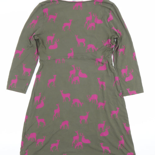 Boden Women Green Pink Deer Print Fit & Flare Jersey Dress Size 10