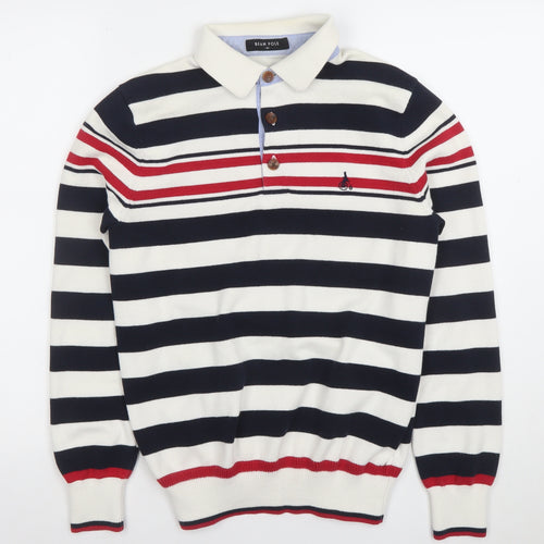 Bean Pole Boys Navy Stripe Collared Henley Jumper Size M Cotton Blend