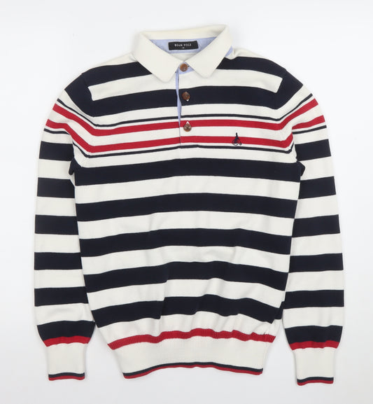 Bean Pole Boys Navy Stripe Collared Henley Jumper Size M Cotton Blend