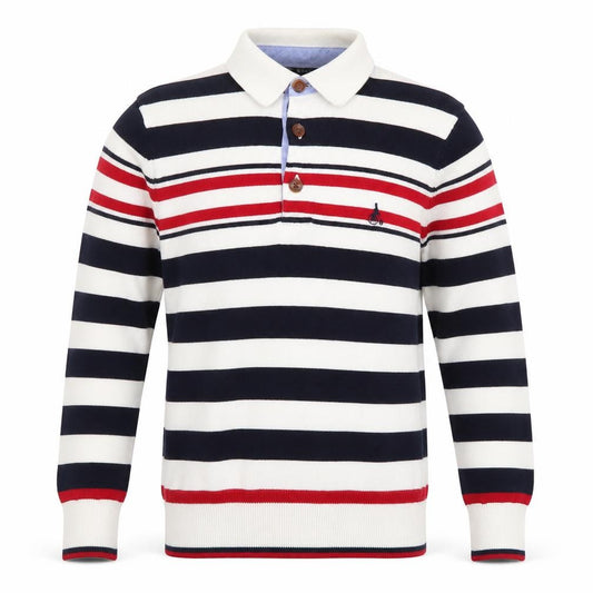 Bean Pole Boys Navy Stripe Collared Henley Jumper Size M Cotton Blend
