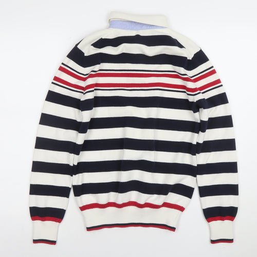 Bean Pole Boys Navy Stripe Collared Henley Jumper Size M Cotton Blend