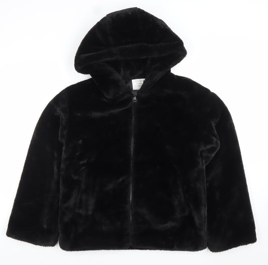 Primark Girls Black Faux Fur Hooded Zip Jacket 13-14 Years Lined Winter Coat