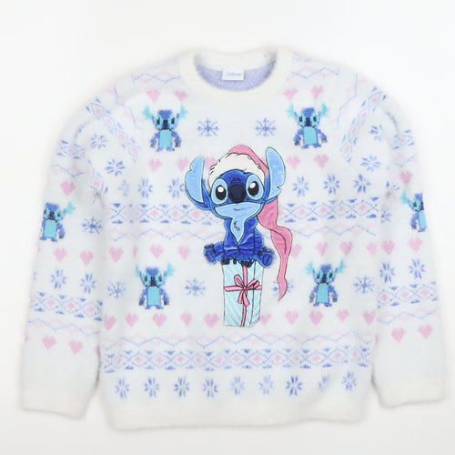 Disney Girls White Stitch Christmas Pullover Jumper 7-8 Years