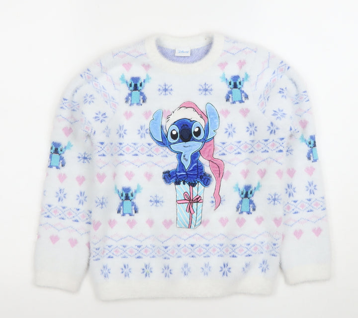 Disney Girls White Stitch Christmas Pullover Jumper 7-8 Years