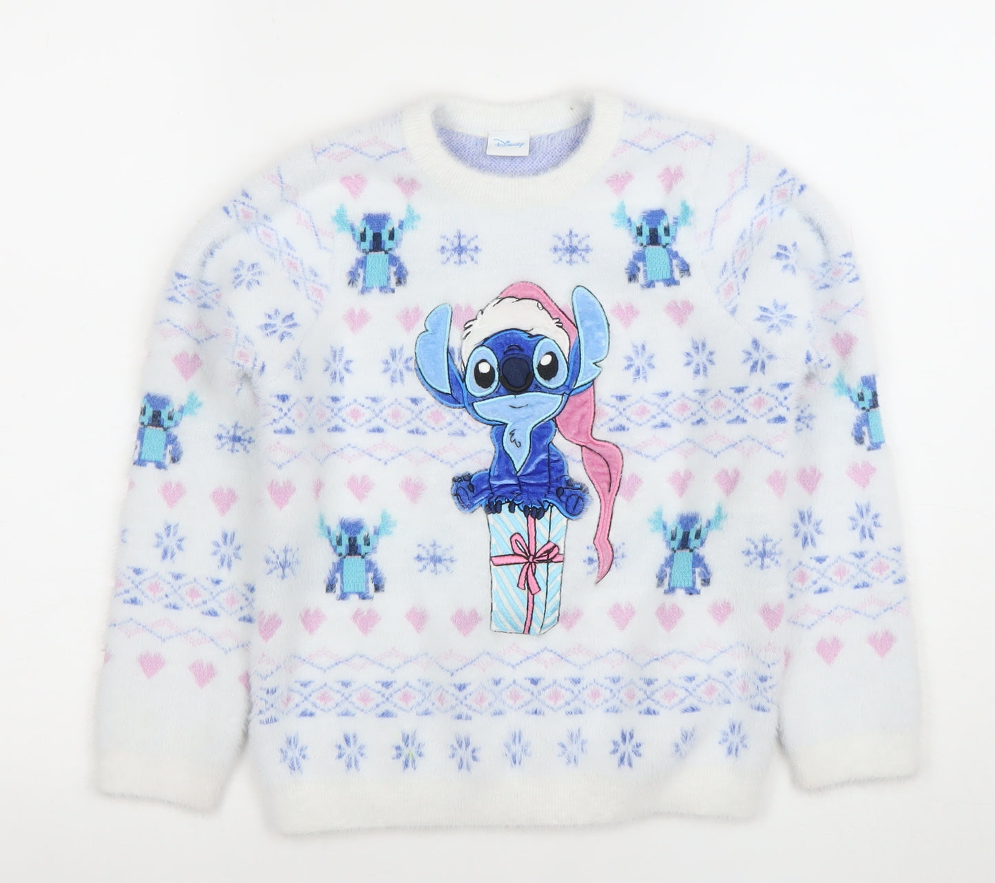 Disney Girls White Stitch Christmas Pullover Jumper 7-8 Years