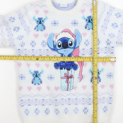 Disney Girls White Stitch Christmas Pullover Jumper 7-8 Years