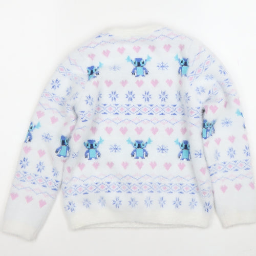 Disney Girls White Stitch Christmas Pullover Jumper 7-8 Years