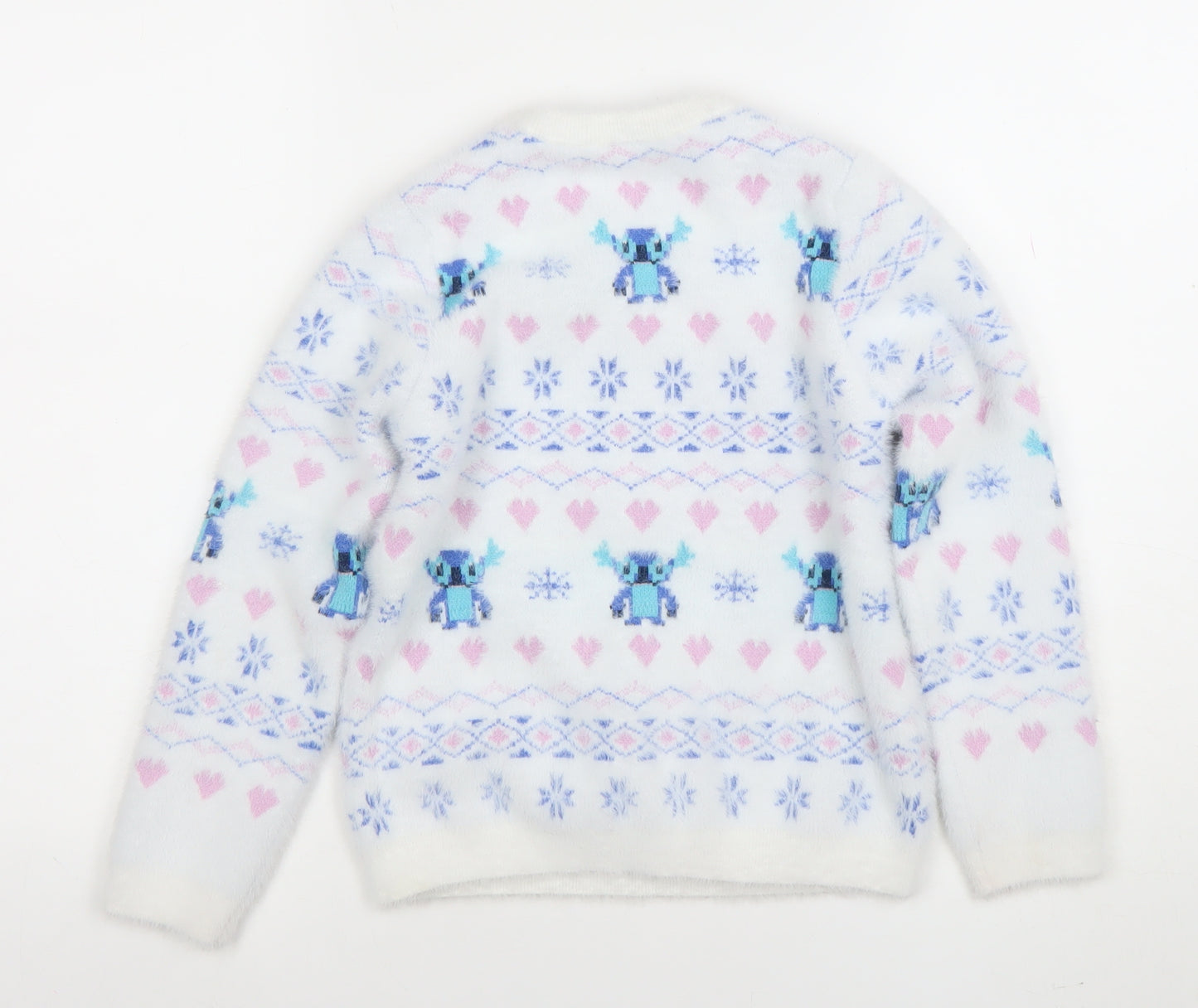 Disney Girls White Stitch Christmas Pullover Jumper 7-8 Years