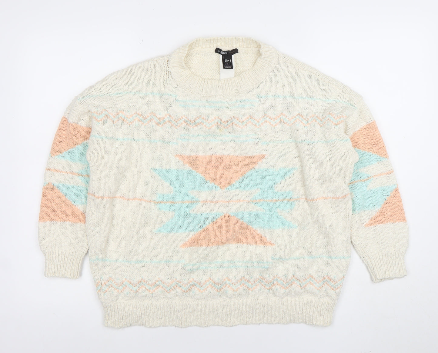 Mango Women Ivory Aztec Knit Wool Blend Pullover Jumper Size 12