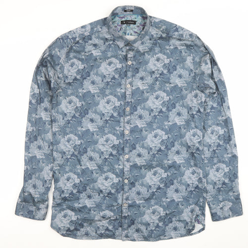 Van Heusen Men Blue Floral Slim Fit Long Sleeve Button-Up Shirt 15.75in 40cm