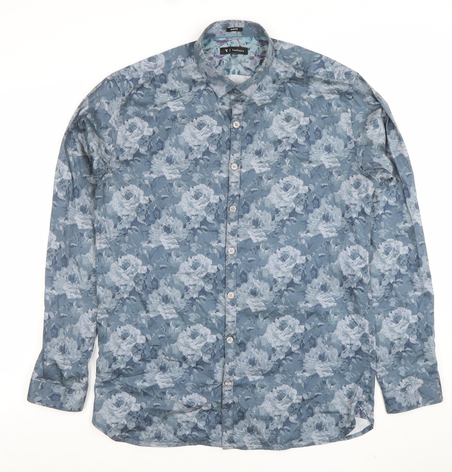 Van Heusen Men Blue Floral Slim Fit Long Sleeve Button-Up Shirt 15.75in 40cm