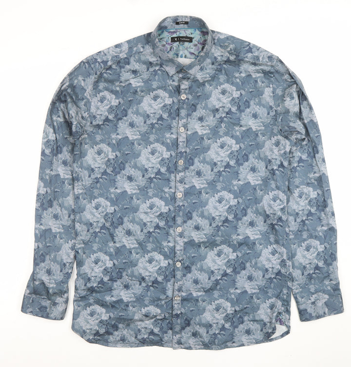 Van Heusen Men Blue Floral Slim Fit Long Sleeve Button-Up Shirt 15.75in 40cm