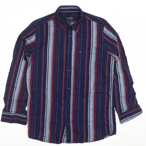 HELLO MAN Men's Blue Striped Long Sleeve Button-Up Cotton Shirt L
