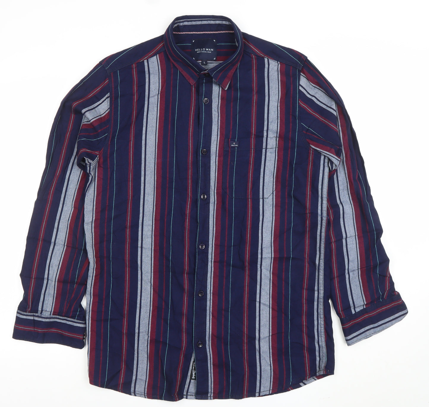 HELLO MAN Men's Blue Striped Long Sleeve Button-Up Cotton Shirt L