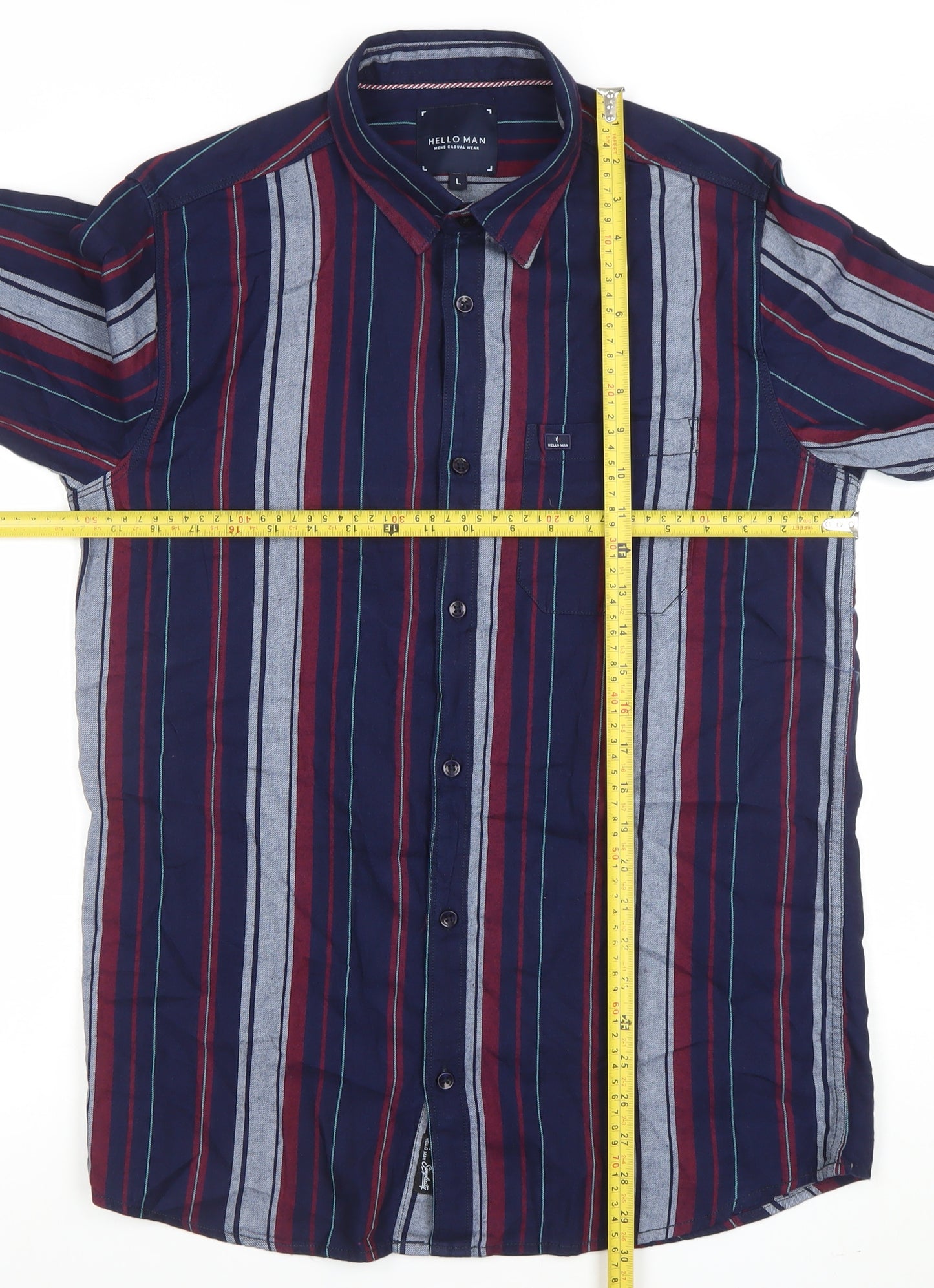 HELLO MAN Men's Blue Striped Long Sleeve Button-Up Cotton Shirt L