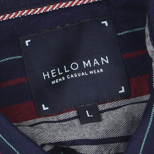 HELLO MAN Men's Blue Striped Long Sleeve Button-Up Cotton Shirt L