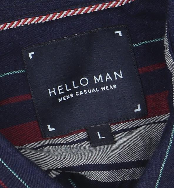 HELLO MAN Men's Blue Striped Long Sleeve Button-Up Cotton Shirt L