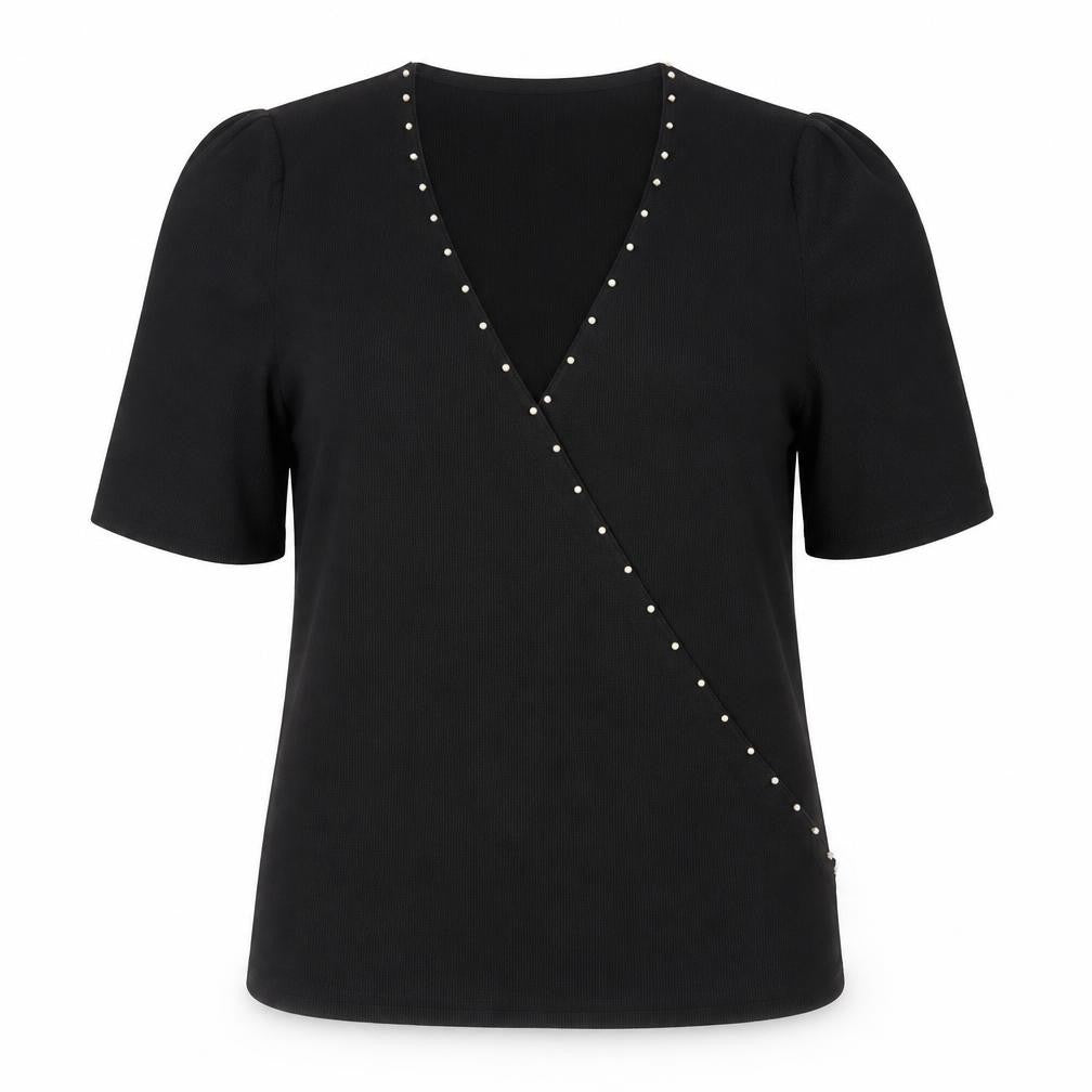 Front view of Next Women's Black Beaded Wrap V-Neck Blouse, size 20
