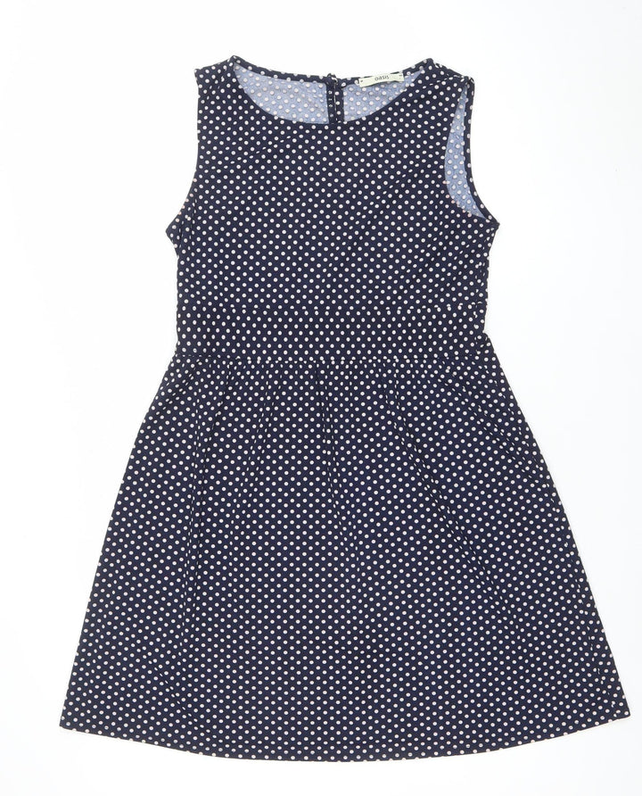 Oasis Womens Blue Polka Dot Sleeveless A-Line Dress L
