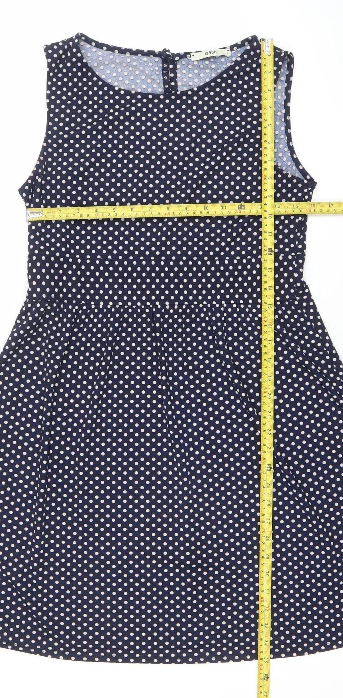 Oasis Womens Blue Polka Dot Sleeveless A-Line Dress L