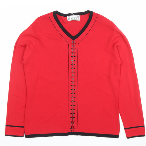 Jan Eva Women Red V-Neck Long Sleeve Pullover Jumper Size 16