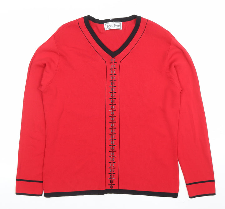 Jan Eva Women Red V-Neck Long Sleeve Pullover Jumper Size 16
