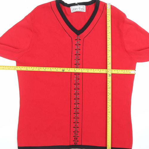 Jan Eva Women Red V-Neck Long Sleeve Pullover Jumper Size 16