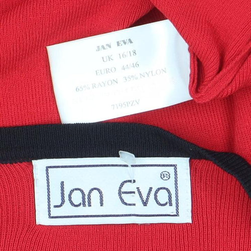 Jan Eva Women Red V-Neck Long Sleeve Pullover Jumper Size 16