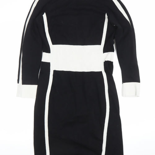 Karen Millen Women Black White Bodycon Knit Dress Size 4 Long Sleeve