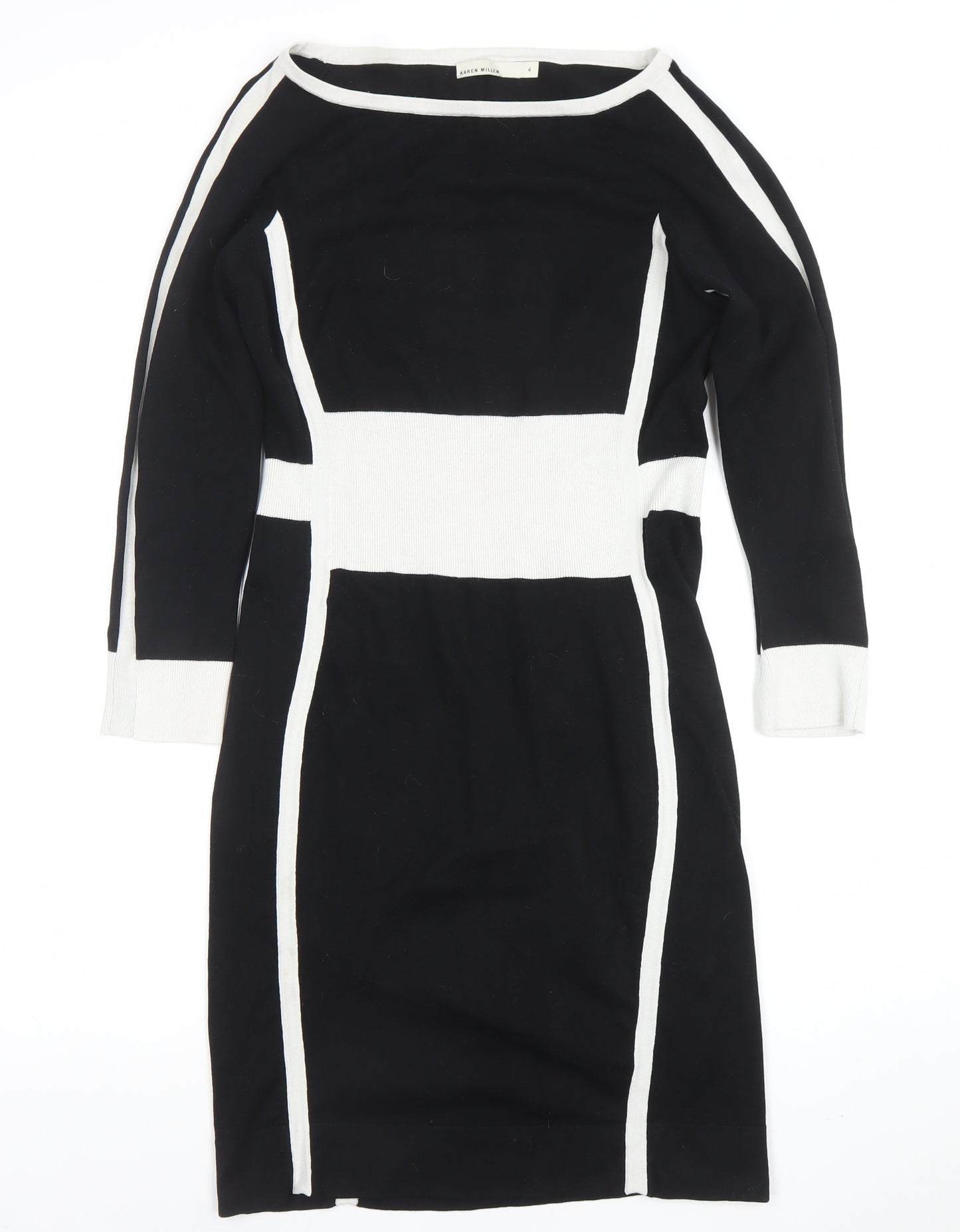 Karen Millen Women Black White Bodycon Knit Dress Size 4 Long Sleeve