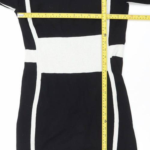 Karen Millen Women Black White Bodycon Knit Dress Size 4 Long Sleeve