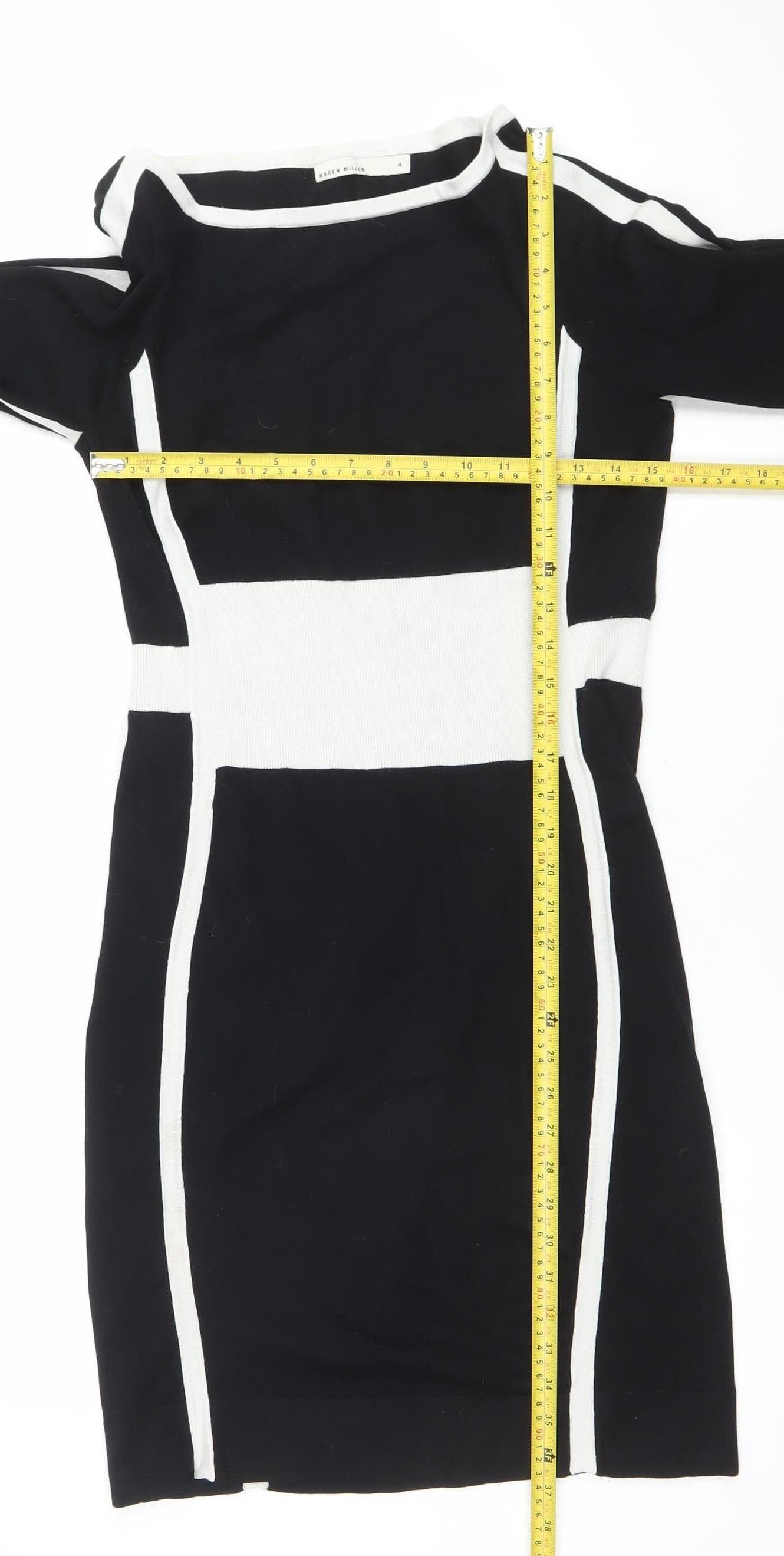Karen Millen Women Black White Bodycon Knit Dress Size 4 Long Sleeve