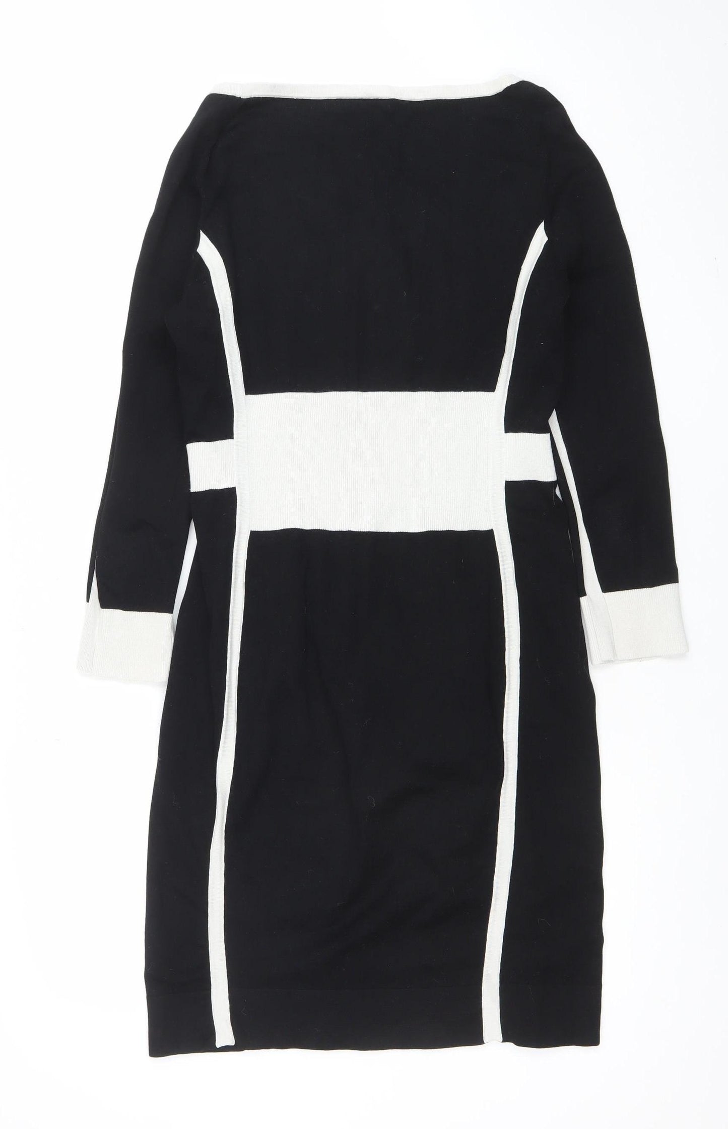 Karen Millen Women Black White Bodycon Knit Dress Size 4 Long Sleeve