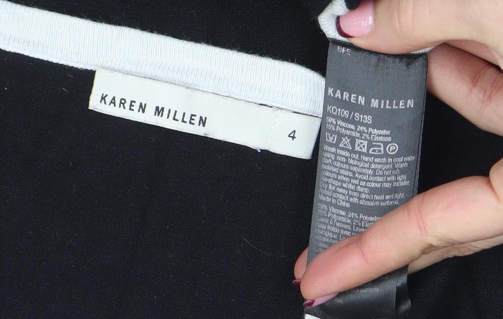 Karen Millen Women Black White Bodycon Knit Dress Size 4 Long Sleeve