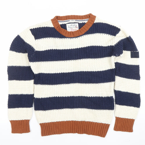 JJ Jeans Boys Blue & Ivory Striped Knit Jumper Age 9-10 Cotton Crew Neck