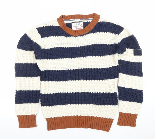JJ Jeans Boys Blue & Ivory Striped Knit Jumper Age 9-10 Cotton Crew Neck